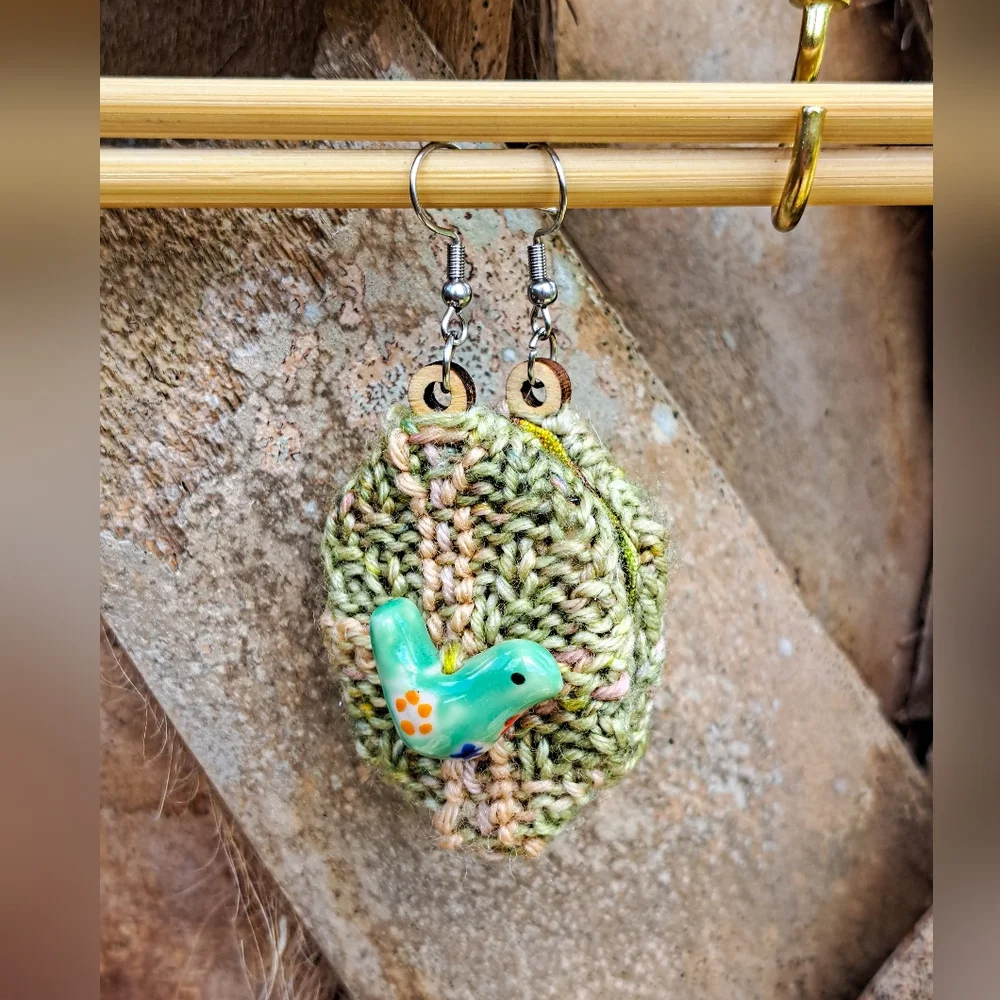 Green Knit Hexagon Earrings with Hand Embroidery Elements and a Bird-Shaped Bead - Picture 6 of 16